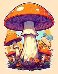 Whimsical Mushroom Garden - A Colorful Cartoon Illustration.