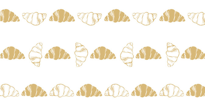 Seamless hand drawn croissant border set in beige color. Perfect for bakery branding, menu design, caf&eacute; decoration, and packaging.