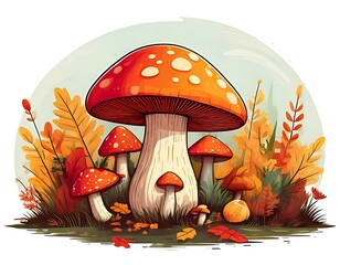 Whimsical Mushroom Patch - A Colorful Autumnal Scene.