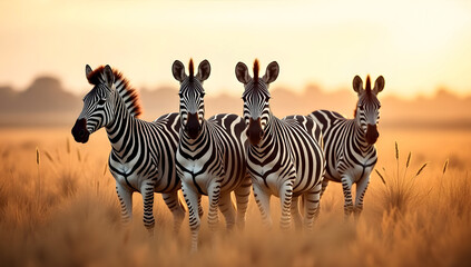 Zebras Walking Across Savannah During Sunset