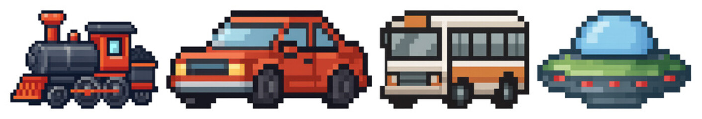 Fototapeta premium PNG Pixelated transport vehicles collection, element set on transparent background