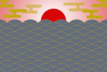 年賀状の背景素材　和風グラフィック　初日の出（2）　ピンクと青　ヨコ