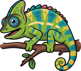 Cute colorful cartoon chameleon sitting on a branch, tropical reptile vector illustration, exotic jungle animal artwork for nature and wildlife design