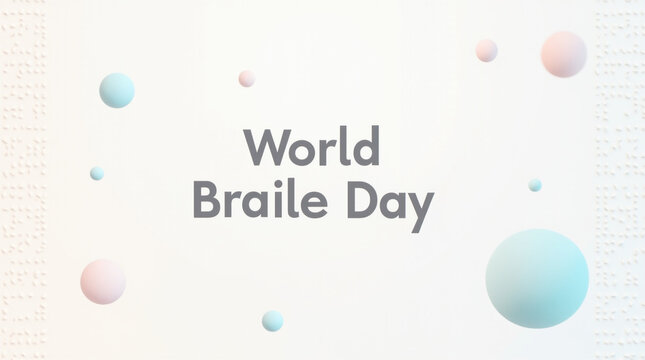 Minimalist world braille day design featuring a soft gradient background with scattered pastel spheres and the text world braille day in a simple, modern font, ideal for digital campaigns and social