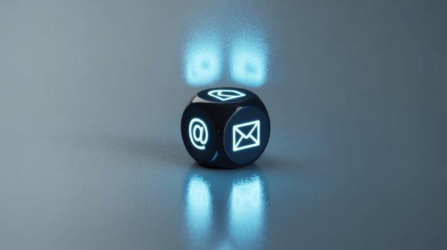 Communication Dice: A minimalist image features a sleek, black dice illuminated with digital icons of communication symbols. - Powered by Adobe