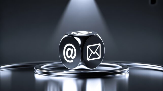 Communication Cube: Illuminated against a metallic background, a symbolic cube bearing email icons. This image portrays the essence of digital communication