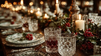 Elegant Holiday Table Setting with Crystal Glassware, Candles, and Festive Decor Featuring Holly and Berries for a Warm Celebration