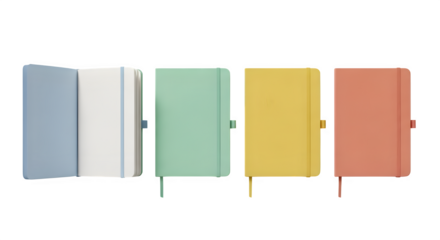 Collection of four pastel colored notebooks with elastic closure on black background