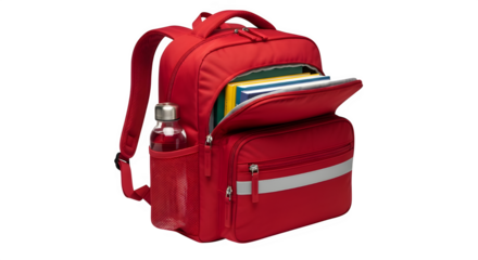 Red backpack filled with books and a water bottle isolated on black background