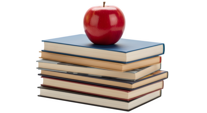 Stack of old books with a red apple on top against a black background