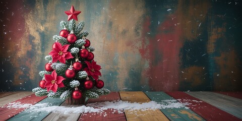 Rustic and vintage Christmas tree decorated with red poinsettias, ornaments, and star on an old wooden floor with snow falling.
