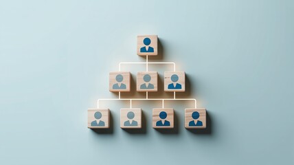 Clear corporate and business hierarchy showing a pyramid organizational structure with a leader at the top connected to employees on wooden blocks.