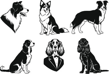 Dog breeds vector illustration set with collie, spaniel, and husky in black and white design, perfect for pet art and decoration