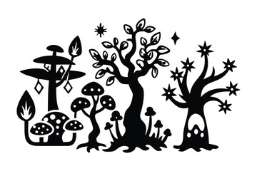 Whimsical Forest: A charming silhouette of trees and mushrooms creates a magical woodland scene with stars shining in the sky. 