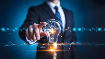 Unlock Your Potential: Businessman Taps into Brainpower with Innovative Lightbulb Idea, Sparking Inspiration and Intelligence for Success
