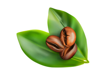 Coffee bean with green leaf isolated on transparent background for beverage design