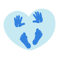 Small blue hands and feet in the heart. The birth of a baby boy.