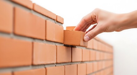 A hand places a brick to build a wall, construction concept