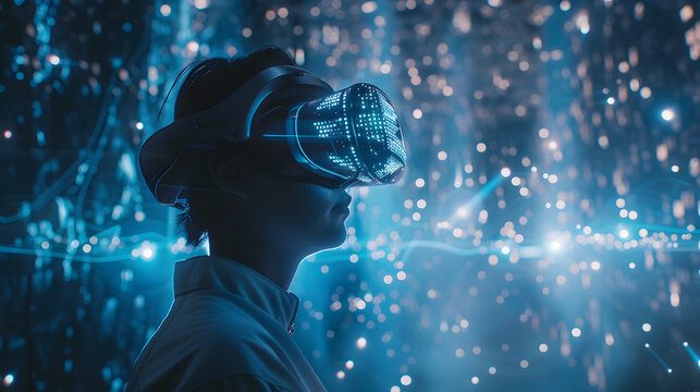 A person immersed in a virtual world, wearing a vr headset surrounded by glowing particles, experiencing the future of technology and digital immersion