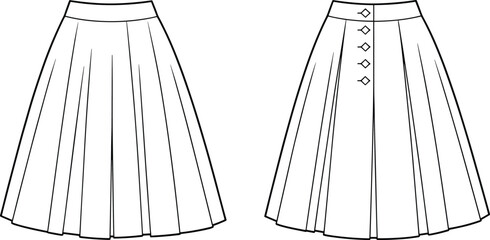 Front and back view flat sketch of pleated women skirt with button details, fashion technical drawing template, vector apparel illustration design