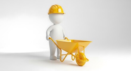 3d white man wearing a yellow hard hat pushing a yellow wheelbarrow isolated on white background