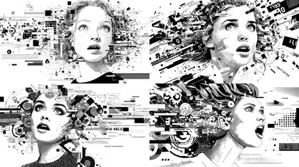 Abstract futuristic portrait of a woman blended with geometric and digital elements. High-contrast black and white illustration symbolizing technology, imagination, and creativity.