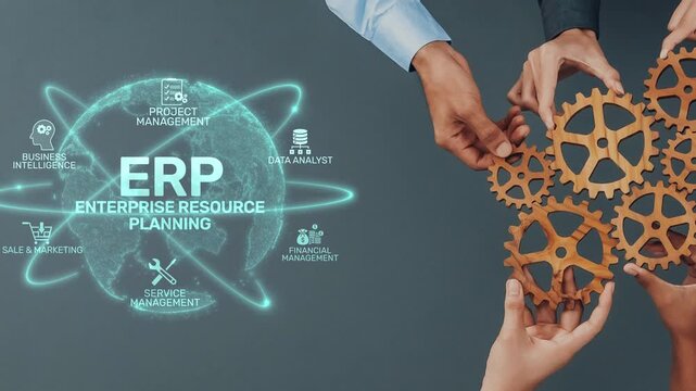 Hands interact with gear models in a modern workspace, showcasing digital elements for enterprise resource planning and effective business strategy development. Raster