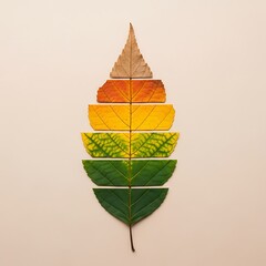 A leaf showing the progression of seasons from green to brown