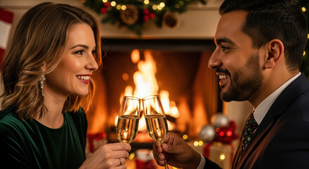 Couple toasting champagne glasses by fireplace, celebrating Christmas, expressing love and warmth in cozy home decor.