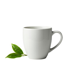 Obraz premium White ceramic mug with green tea leaf beside it on transparent studio background, 45-degree high-angle macro view, concept of purity and simplicity