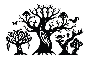 Whimsical Silhouette of a Forest: Intricate silhouettes of trees and fungi, with fantastical shapes creating a sense of otherworldly magic and enchantment.