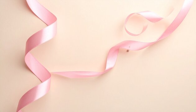 Single pink ribbon spiraled on beige background—evoking softness, elegance, and symbolic simplicity.