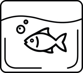 Simple black and white line art icon of a single fish swimming in a clear aquarium with bubbles