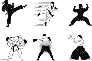 Martial arts fighters practicing karate, judo, boxing, and aikido poses in dynamic action illustration, sports training vector concept with movement and power design