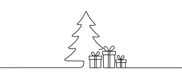Naklejka premium Continuous line drawing of a Christmas tree with a star on top. Festive pine tree and gift box in a simple line style. Vector illustration.