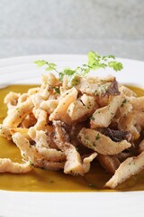 A Korean-style tempura made with king oyster mushrooms, featuring crispy texture and mild savory taste. by Master Chef Hanshunseop.