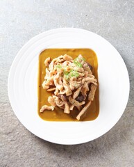 A Korean-style tempura made with king oyster mushrooms, featuring crispy texture and mild savory taste. by Master Chef Hanshunseop.