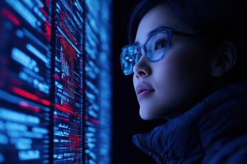 Woman inspecting programming code on digital display