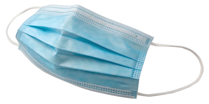 Light blue disposable face mask, isolated on transparent background, realistic folds and ear loops.