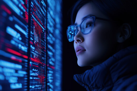 Woman inspecting programming code on digital display - Powered by Adobe