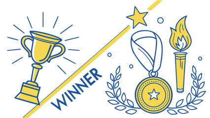 Flat design winner poster with trophy, medal, and torch for success, achievement, and competition concept.