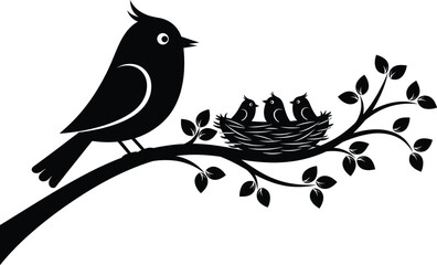 Mother bird feeding chicks on tree branch with nest and leaves, wildlife parenting concept, black silhouette vector illustration for nature design art