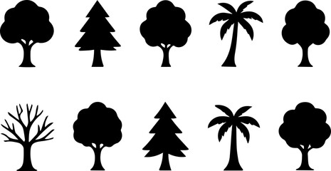 Collection of diverse tree silhouettes including deciduous evergreen and palm trees in a simple graphic style