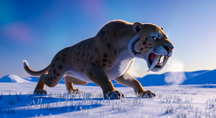A ferocious saber-toothed cat, depicted as a cartoon character, growls with bared teeth in a snowy landscape under a cold sky