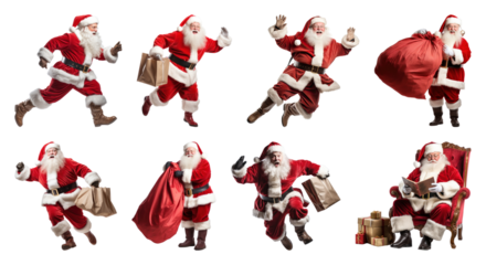 PNG Santa in various festive poses, element set on transparent background