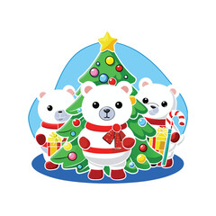 Fototapeta premium Santa Claus flying in the sky with reindeers above a snowy village full moon glowing colorful lights everywhere festive vector design