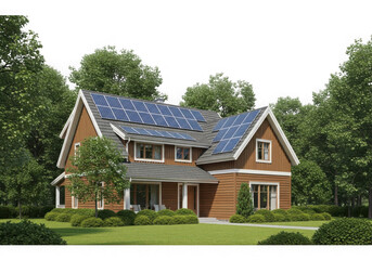 Obraz premium Charming two-story brick house surrounded by lush green trees and manicured lawn isolated on transparent background