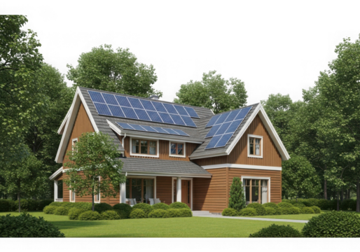 Charming two-story brick house surrounded by lush green trees and manicured lawn isolated on transparent background