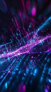Abstract digital data wave with glowing particles and dynamic lines on a dark background, concept of technology and data visualization. 3d animation