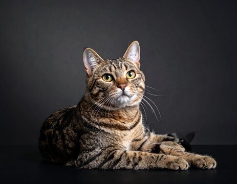 Regal Gaze of a Tabby Cat: A captivating studio portrait of a sleek tabby cat, its amber eyes fixed with an air of dignified curiosity against the dramatic backdrop. 